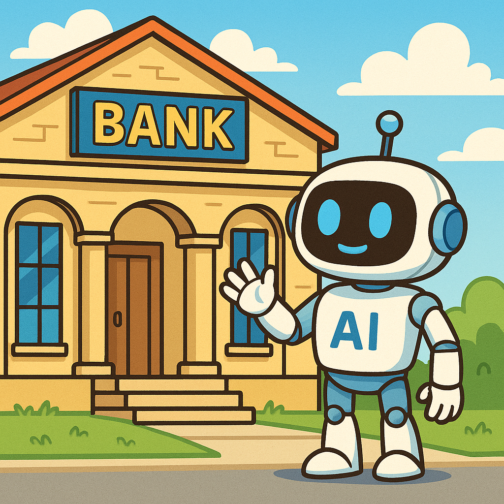 AI robot standing outside of a Bank